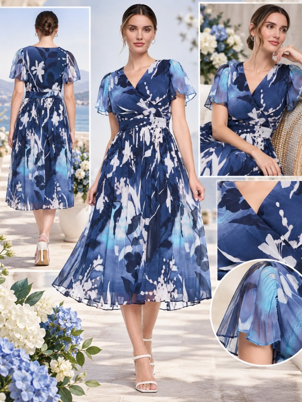 DKNY Indigo Abstract Floral Print Pleated Chiffon Midi Dress Size 8 NWT